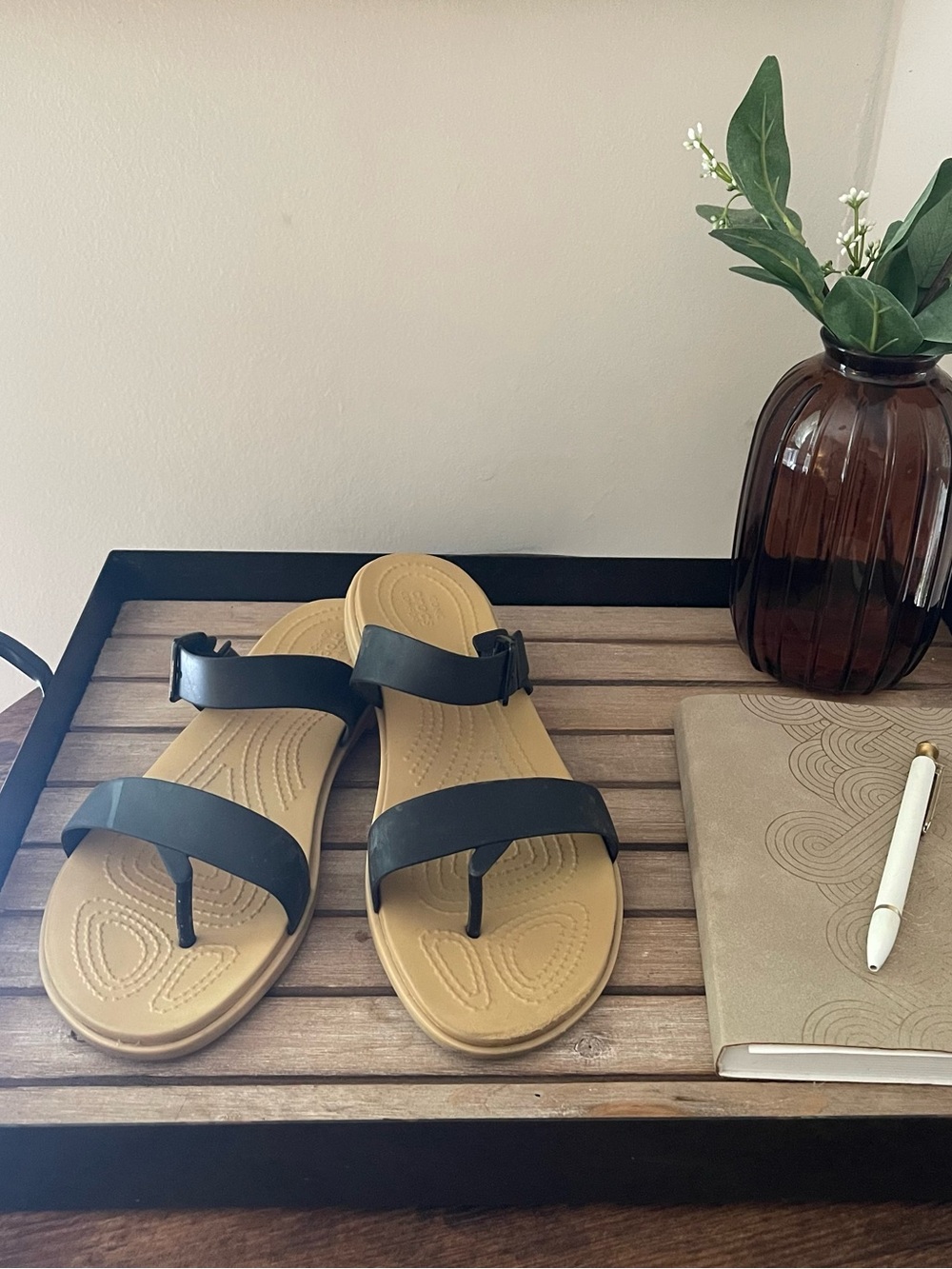 CROCS Women's Black Strap Sandals with Tan Footbed